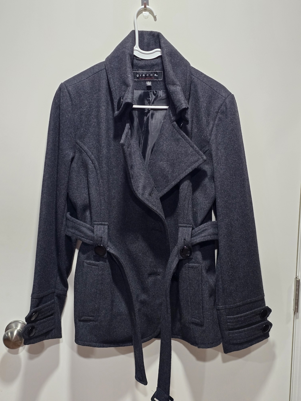 giacca Charcoal Belted Wool-Blend Peacoat